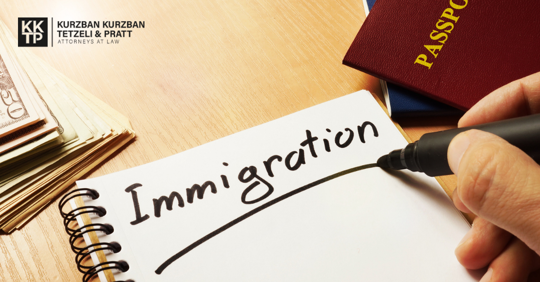 image of immigration on a notepad and a passport in the background